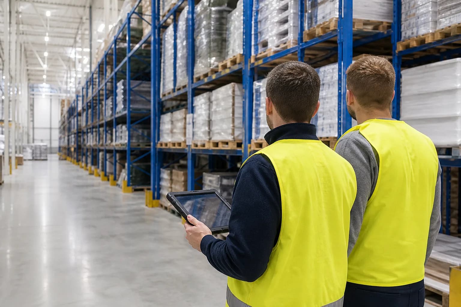 Two logistics operatives in hi-vis reviewing a rugged tablet in a warehouse aisle