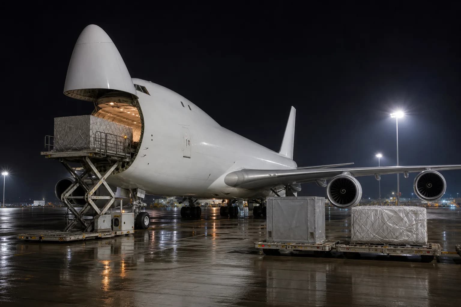 A wide-body cargo freighter being loaded on an airport apron at night with its nose door raised