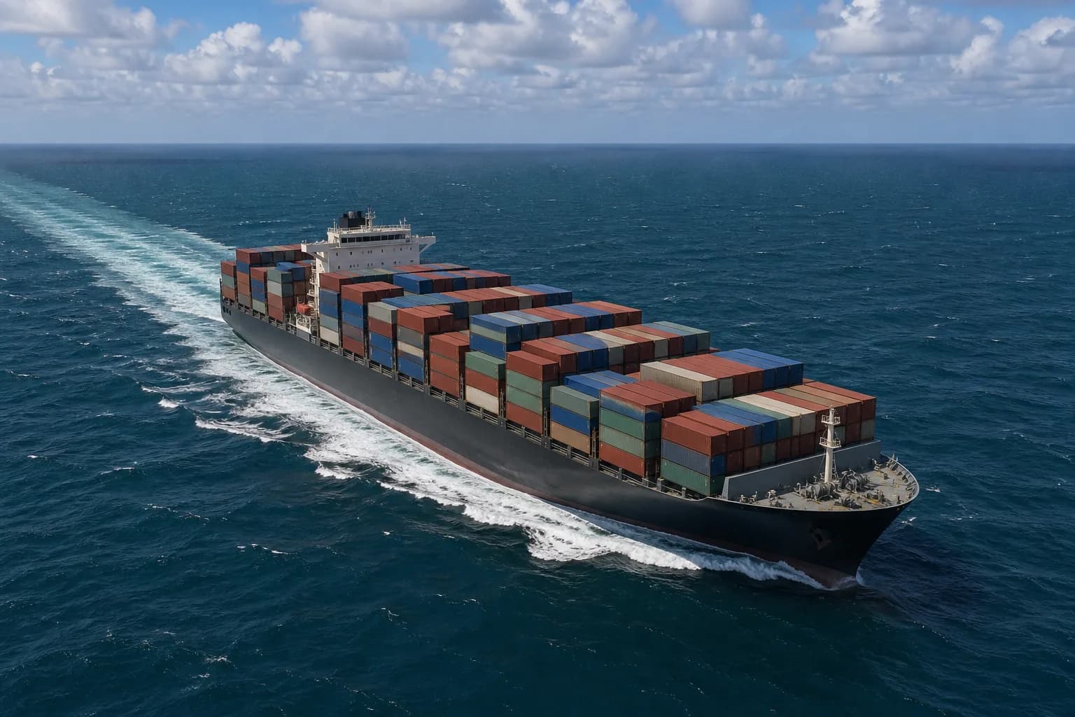 A fully laden container ship under way on open sea, seen from the air