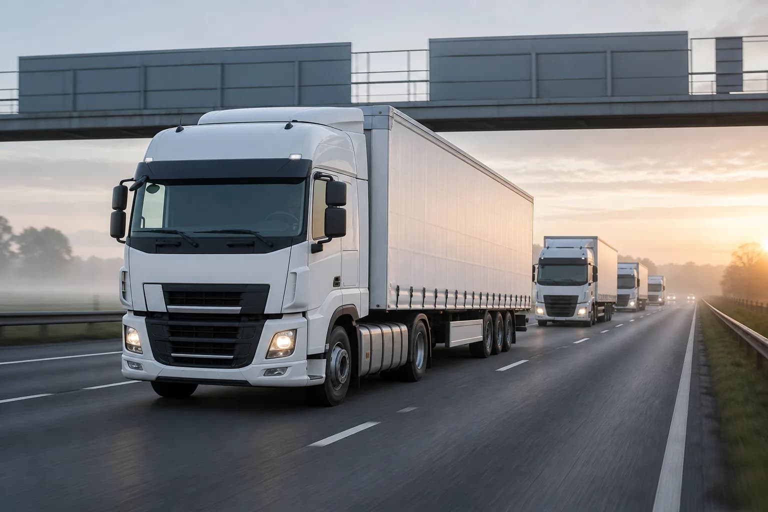 A line of articulated lorries with plain white trailers on a motorway at dawn