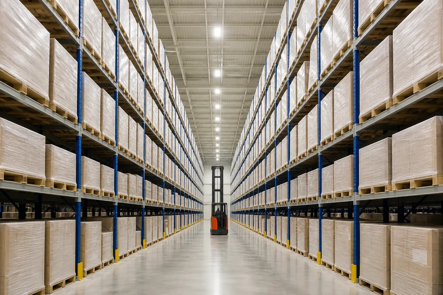 The interior of a large modern high-bay distribution centre with long racking aisles