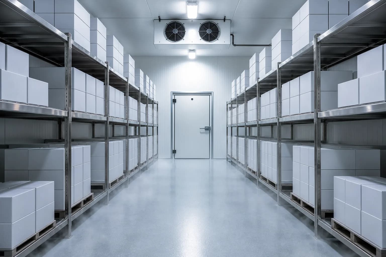 The interior of a pharmaceutical-grade temperature-controlled storage facility with stainless steel racking