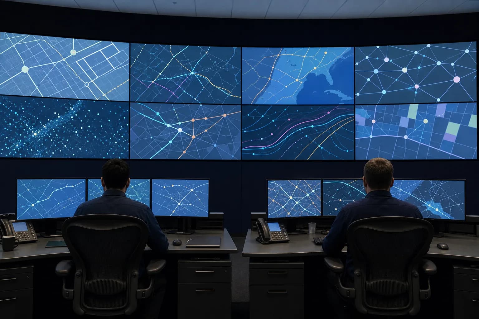 A logistics control room with a curved wall of screens showing routes and dashboards, operators seated with their backs to camera